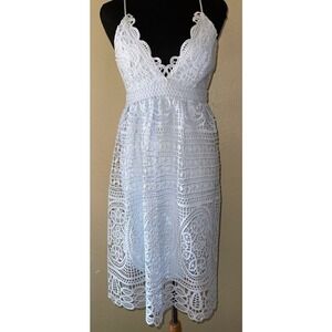 Bardot Light Blue Lace Midi Dress Scalloped V Neck Open Back 38084DB US 4 XS